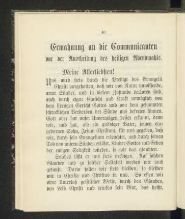 Ermahnung an die Communicanten vor der Austheilung des heiligen Abendmahls.
