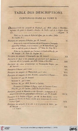 Table des descriptions contenues dans le Tome II