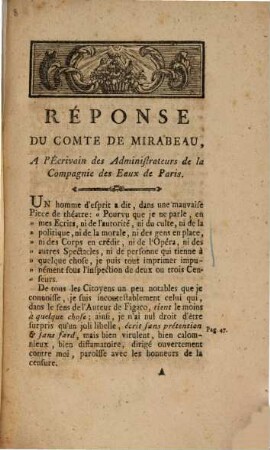Réponse Du Comte De Mirabeau A L'Écrivain des Administrateurs De La Compagnie Des Eaux De Paris