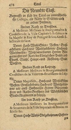 Die Neunte Claß. Begreifft in sich die Titul unterschiedliche Collegia, als Räthe in Städten/ auch an andere Personen