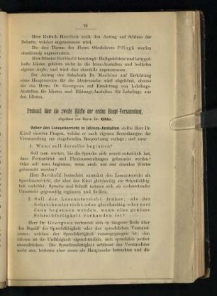 Protokoll über die zweite Hälfte der ersten Haupt-Versammlung