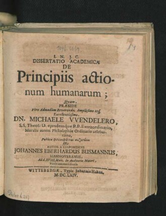 Dissertatio Academica De Principiis actionum humanarum