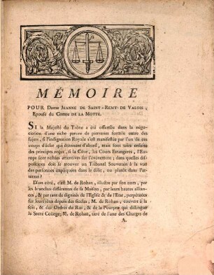 Mémoire pour dame Jeanne de Saint-Remy de Valois, epouse du comte de LaMotte