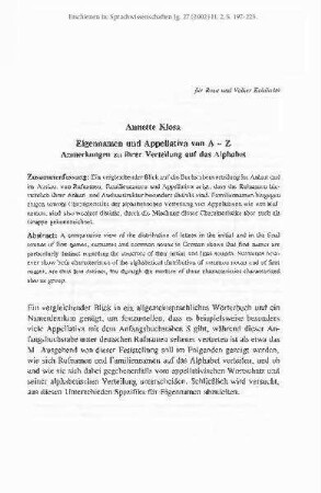Eigennamen und Appellativa von A – Z. Anmerkungen zu ihrer Verteilung auf das Alphabet