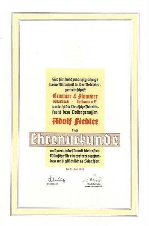 Ehrenurkunde für Adolf Fiedler für 25jährige treue Mitarbeit in der Betriebsgemeinschaft Kraemer & Flammer (Krämer & Flammer)