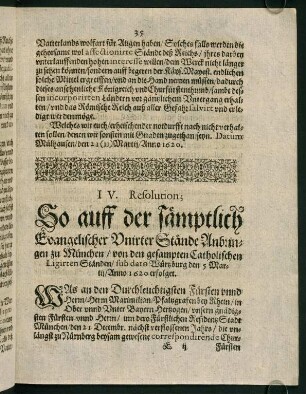 35-51, IV. Resolution, so auff der sämptlich Evangelischer Unirter Stände Anbringen zu München...
