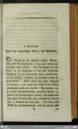 I. Versuch. Ueber die moralische Natur des Menschen