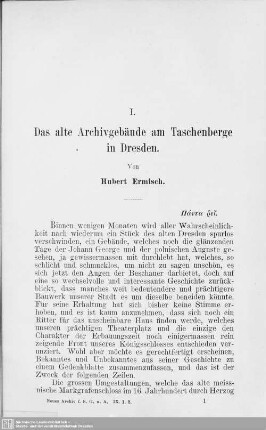 I. Das alte Archivgebäude am Taschenberge in Dresden