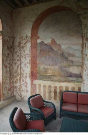 Freskendekoration mit Pergolen und spielenden Putten, Pergola aus Weinreben und Schilf mit Putten und Landschaftsausblicken