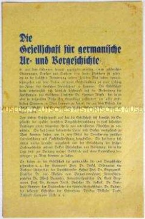 Programmatische Schrift der Gesellschaft für germanische Ur- und Vorgeschichte mit Mitgliederwerbung