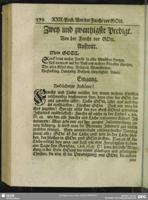 Zwey und zwantzigste Predigt. Von der Furcht vor GOtt
