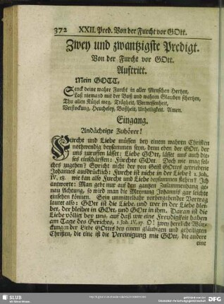 Zwey und zwantzigste Predigt. Von der Furcht vor GOtt