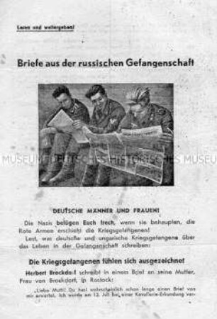 Bebildertes sowjetisches Abwurf-Flugblatt mit Auszügen aus Briefen deutscher Kriegsgefangener