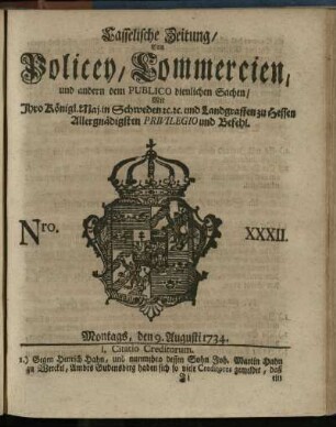 Nro. XXXII, Montags, den 9. Augusti 1734