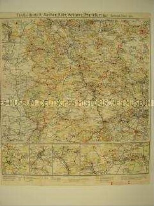 Verwaltungskarte mit den Postleitgebieten Aachen, Köln, Koblenz, Frankfurt/Main