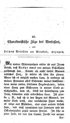 Charakteristische Züge des Verfassers, aus seinen Briefen an Nicolai gezogen.