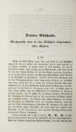 Dritter Abschnitt. Gleichgewicht eines in eine Flüssigkeit eingetauchten festen Körpers.