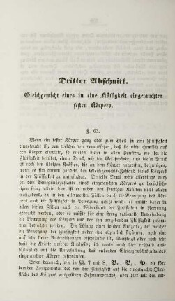 Dritter Abschnitt. Gleichgewicht eines in eine Flüssigkeit eingetauchten festen Körpers.