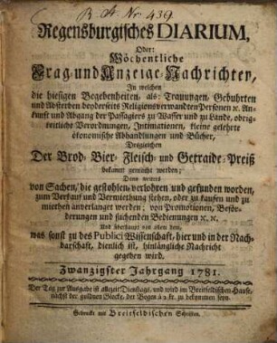 Regensburgisches Diarium oder wöchentliche Frag- und Anzeige-Nachrichten, 1781 = Jg. 20