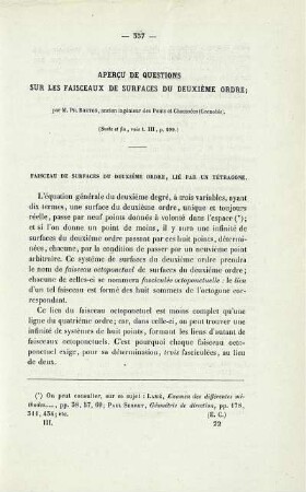 Apercu de questions sur les faisceaux de surfaces du deuxième ordre.