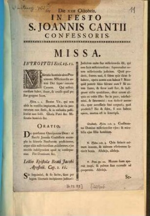 Die XXII. Octobris In Festo S. Joannis Cantii Confessoris