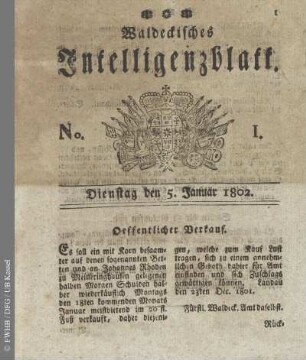 No. 1, Dienstag den 5. Januar 1802