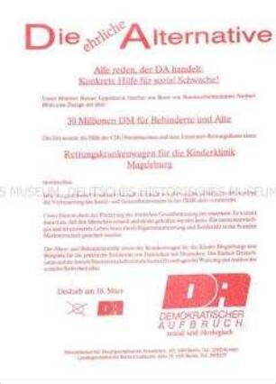 Wahlflugblatt des Demokratischen Aufbruchs zur Sozialpolitik
