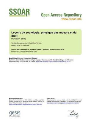 Leçons de sociologie: physique des moeurs et du droit
