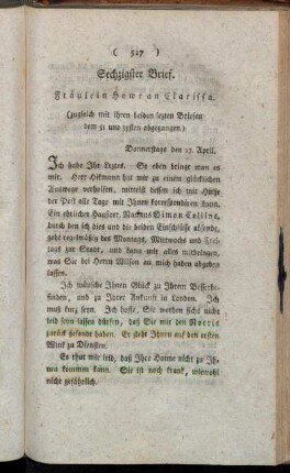 Sechzigster Brief. Fräulein Howe an Clarissa. - Zwei und sechzigster Brief. Clarissa an Fräulein Howe.