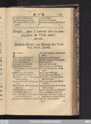 Phrases, pour s'exercer dans la conjugation du Verbe auxil. Avoir. Redens-Arten, zur Ubung des Verbi Aux. Avoir, haben.