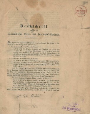 Denkschrift betreffend die interimistischen Kreis- und Provinzial-Landtage