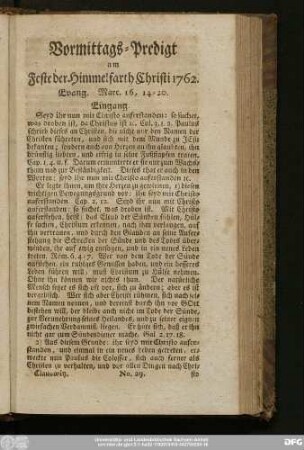 [No. 29.] Vormittags-Predigt am Feste der Himmelfahrt Christi 1762. Evang. Marc. 16, 14 - 20.