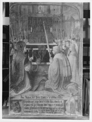 20. Bild: Verehrung der Reliquien im Chor von Sankt Severin durch Bischof Evergislus und seinen Klerus