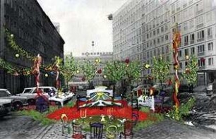 Traumsequenz: Bett fährt durch die Stadt. Entwurf: Harry Leupold.