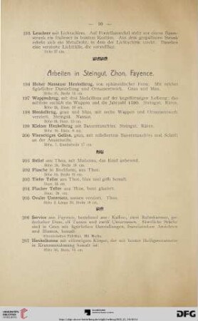 Arbeiten in Steingut, Thon, Fayence (Nr. 196-223)