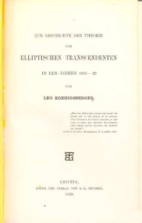 Zur Geschichte der Theorie der elliptischen Transcendenten in den Jahren 1826 - 29