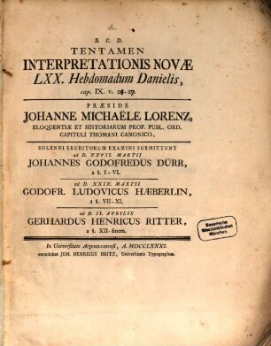 Tentamen Interpretationis Novae LXX. Hebdomadum Danielis, cap. IX. v. 27 - 29