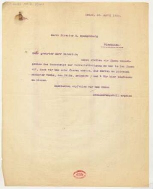 Brief an Heinrich Spangenberg : 22.04.1920
