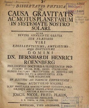 Dissertatio Physica De Causa Gravitatis Ac Motus Planetarum In Systemate Nostro Solari