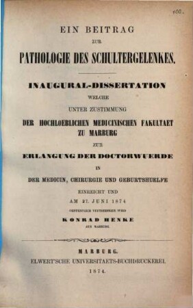 Ein Beitrag zur Pathologie des Schultergelenkes : Inaug. Diss.