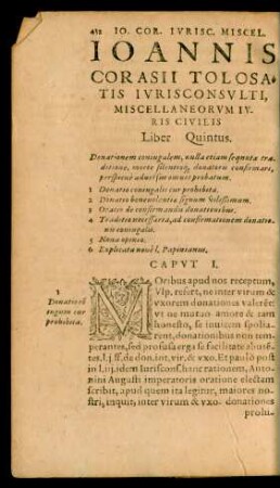 Ioannis Corasii Tolosatis Iurisconsulti, Miscellaneorum Iuris Civilis Liber Quintus.
