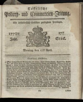 17tes Stueck, Montag den 27ten April. 1778