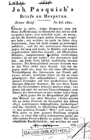 Briefe an Hesperus : [Brief 1 - 12 aus den Jahren 1821 - 1823]