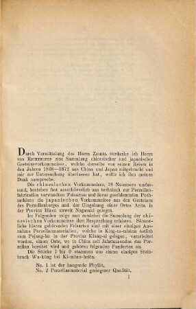 Untersuchung von chinesischen und japanischen, zur Porzellanfabrikation verwandten Gesteinsvorkommnissen