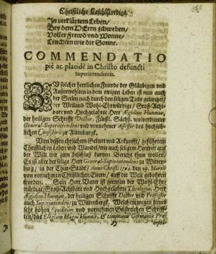 Commendatio pie ac placide in Christo defuncti Superintendentis.