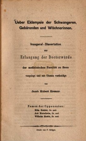 Über Eklampsie der Schwangeren, Gebärenden und Wöchnerinnen