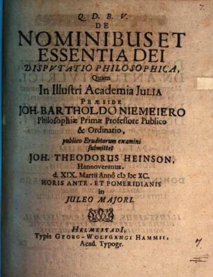 De nominibus et essentia Dei disputatio philosophica