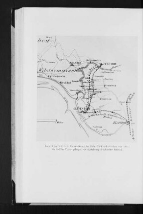 Karte 2 (zu S. 111 f.): Linienführung der Bahn Glückstadt-Itzehoe von 1857; die östliche Trasse gelangte zur Ausführung (Stadtarchiv Itzehoe)