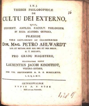 Theses Philosophicæ De Cultu Dei Externo
