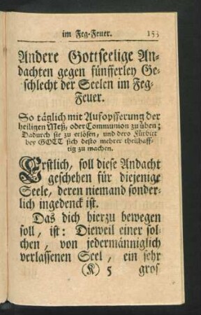 Andere Gottseelige Andachten gegen fünfferley Geschlecht der Seelen im Feg-Feuer.